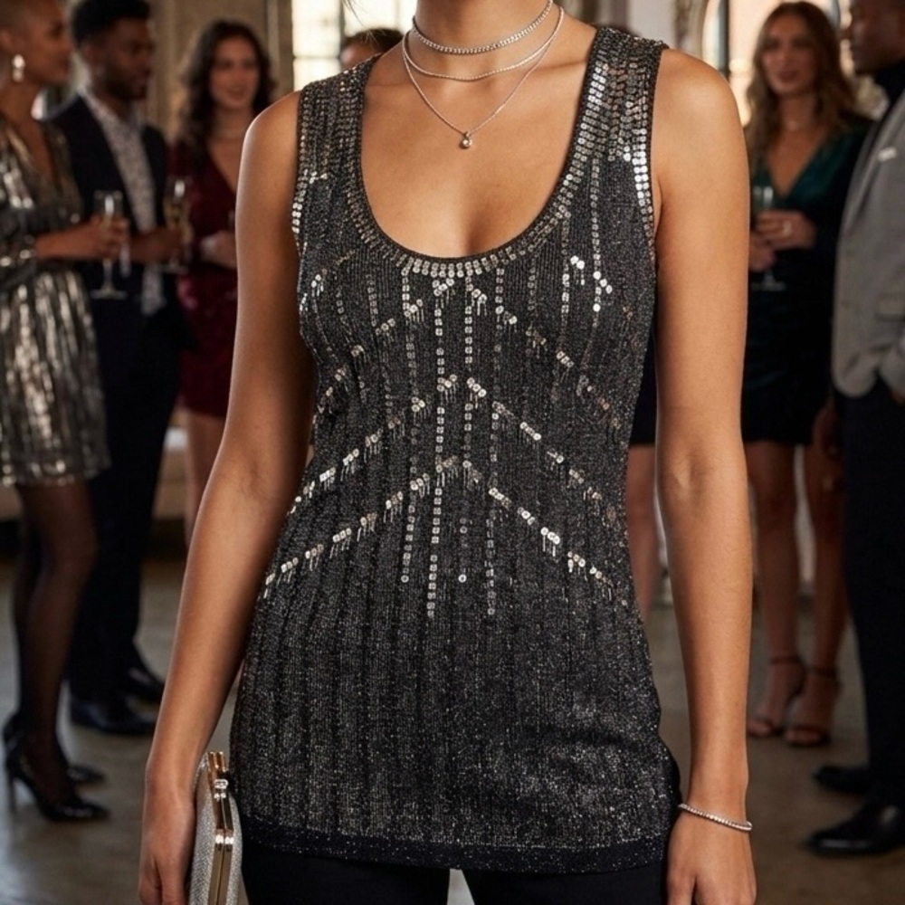 Le Château Metallic Knit Sparkle Tank Top – Y2K Glam Party Holiday Top – Size S